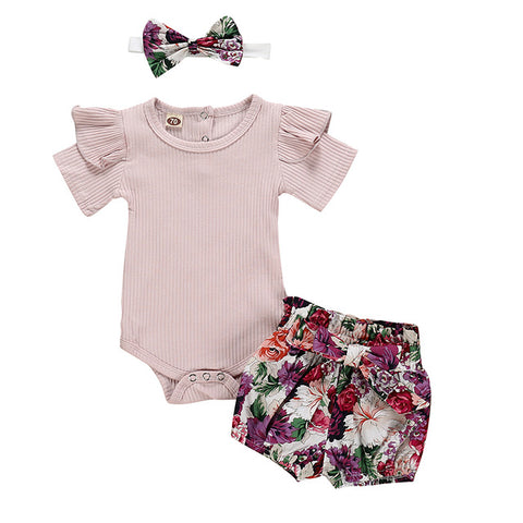 Ruffle Romper Tops Flower Short Pants Headband