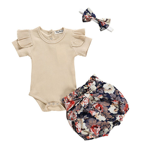 Ruffle Romper Tops Flower Short Pants Headband