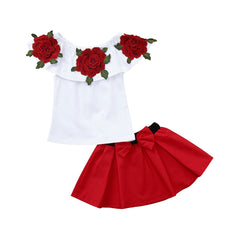 Baby Girls Suit Set Toddler Baby Girls Sleeveless Off Shoulder Embroidery Rose Tops+Skirts Outfits