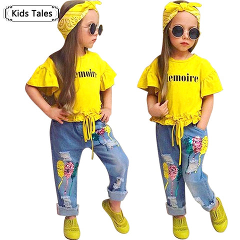 Girls T-shirt + Pants + Headband 3pcs. Suit