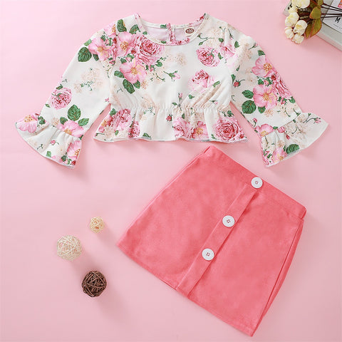 Flower Flare Long Sleeve Crop Tops Button Mini Skirt 2Pcs