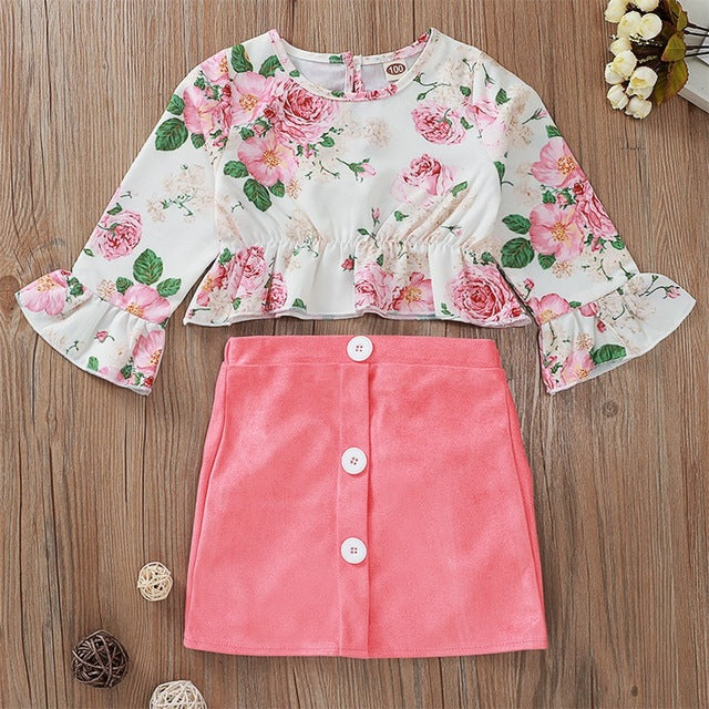 Flower Flare Long Sleeve Crop Tops Button Mini Skirt 2Pcs