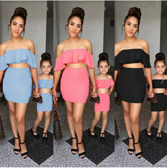 Family Matching Women Girl Kid Outfits Off Shoulder Ruffle Crop Tops + High Waist Short Skirt Pretty Women Girl Set