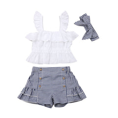 Girls Ruffles Vest Tops + Striped Shorts + Headbands