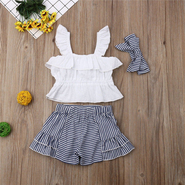 Girls Ruffles Vest Tops + Striped Shorts + Headbands