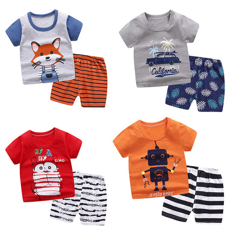 New Robot Print Short Sleeve T-shirt + Shorts 2 Piece Set Baby Boys Girls Clothing Sets