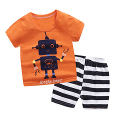 New Robot Print Short Sleeve T-shirt + Shorts 2 Piece Set Baby Boys Girls Clothing Sets