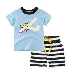 Cartoon Print Short Sleeve T-Shirt Tops Striped Short Pants 2Pcs