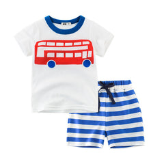 Cartoon Print Short Sleeve T-Shirt Tops Striped Short Pants 2Pcs