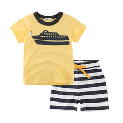 Cartoon Print Short Sleeve T-Shirt Tops Striped Short Pants 2Pcs