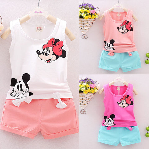 Girls' Minnie Mickey Sleeveless T-shirt Vest Tops+Short Pant