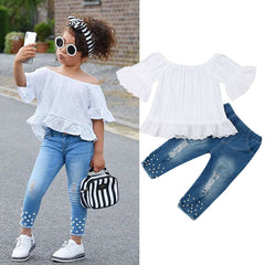 Off Shoulder Flare Sleeve 1-6T Kids Clothes Set Toddler Girls Outfit