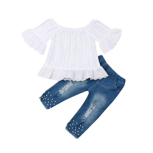 Off Shoulder Flare Sleeve 1-6T Kids Clothes Set Toddler Girls Outfit