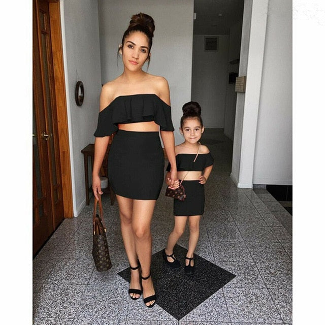 Family Matching Women Girl Kid Outfits Off Shoulder Ruffle Crop Tops + High Waist Short Skirt Pretty Women Girl Set