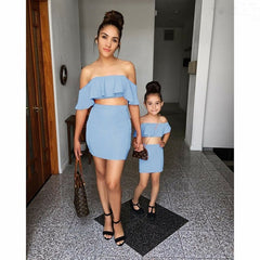 Family Matching Women Girl Kid Outfits Off Shoulder Ruffle Crop Tops + High Waist Short Skirt Pretty Women Girl Set