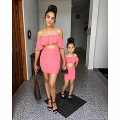 Family Matching Women Girl Kid Outfits Off Shoulder Ruffle Crop Tops + High Waist Short Skirt Pretty Women Girl Set