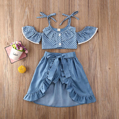 Polka Dots Off Shoulder Tops and Ruffle Skirts and Shorts