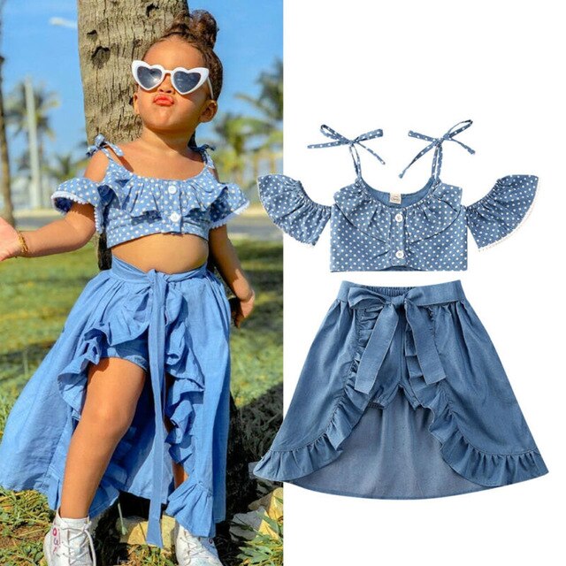 Polka Dots Off Shoulder Tops and Ruffle Skirts and Shorts