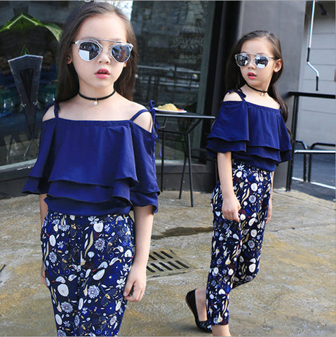 Children Off Shoulder Tops Floral Pants 2Pcs Kids Outfits Girl Clothes For 4 8 12 14 Years