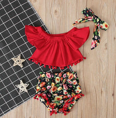 3Pcs Floral Crop Top T-shirts and Shorts