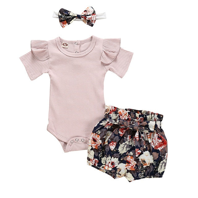 Ruffle Romper Tops Flower Short Pants Headband