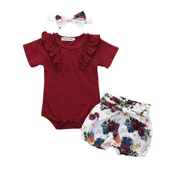 Ruffle Romper Tops Flower Short Pants Headband