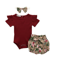 Ruffle Romper Tops Flower Short Pants Headband