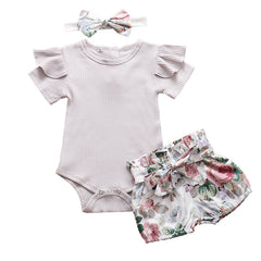 Ruffle Romper Tops Flower Short Pants Headband