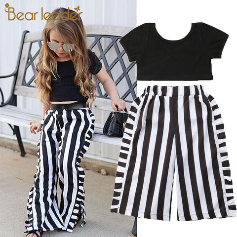 Short Sleeve Black T-Shirts Tops Striped Wide Leg Pants Sets