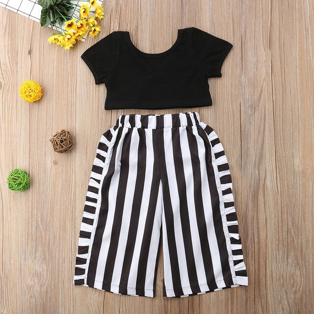 Short Sleeve Black T-Shirts Tops Striped Wide Leg Pants Sets