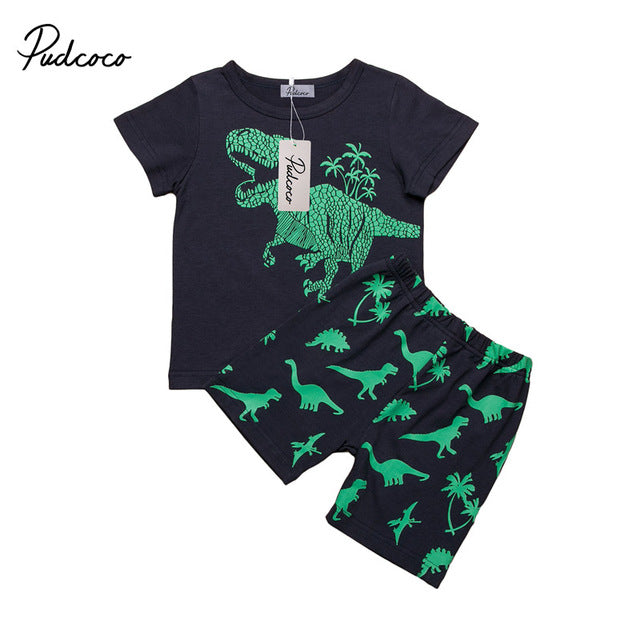 Boy black Dinosaur T-shirt Tops+Pants