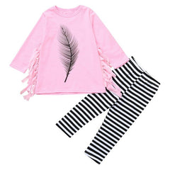 Feather Print Tops+Striped Pants Outfit